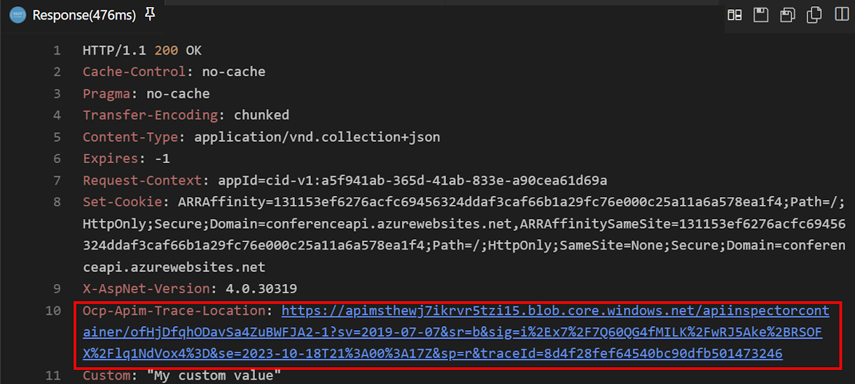 Captura de tela do local de rastreamento na resposta de teste da API no Visual Studio Code.