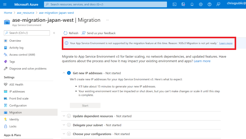 Captura de tela que mostra uma mensagem de portal de exemplo informando que o recurso de migração não oferece suporte ao Ambiente do Serviço de Aplicativo.