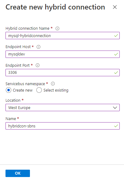 Screenshot of Create new hybrid connection dialog box