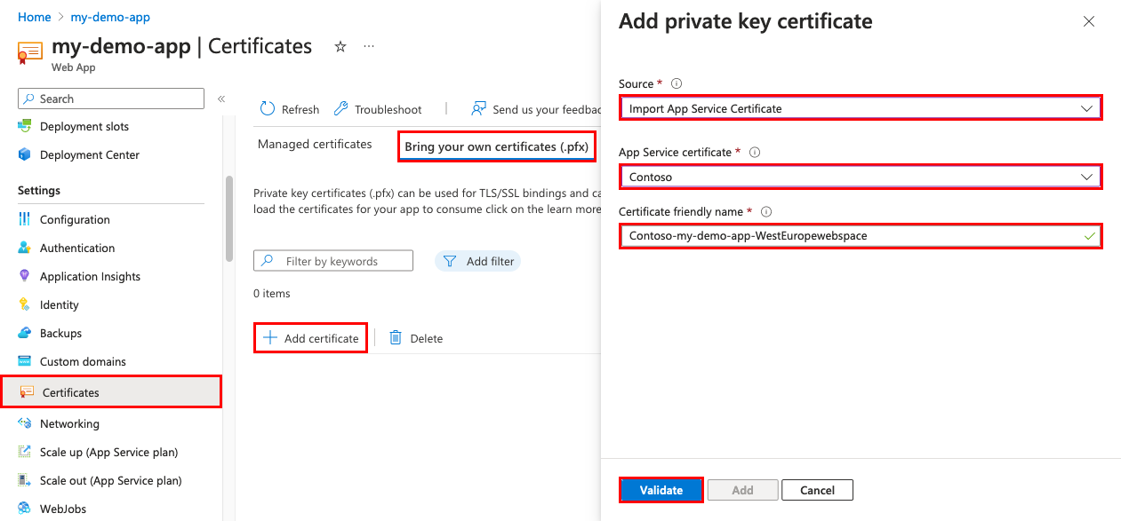 Captura de ecrã da página de gestão de aplicações com 'Certificados', 'Traga os seus próprios certificados (.pfx)' e 'Importar certificado do Serviço de Aplicações' selecionadas, e a página 'Adicionar certificado de chave privada' preenchida com o botão **Validar**.