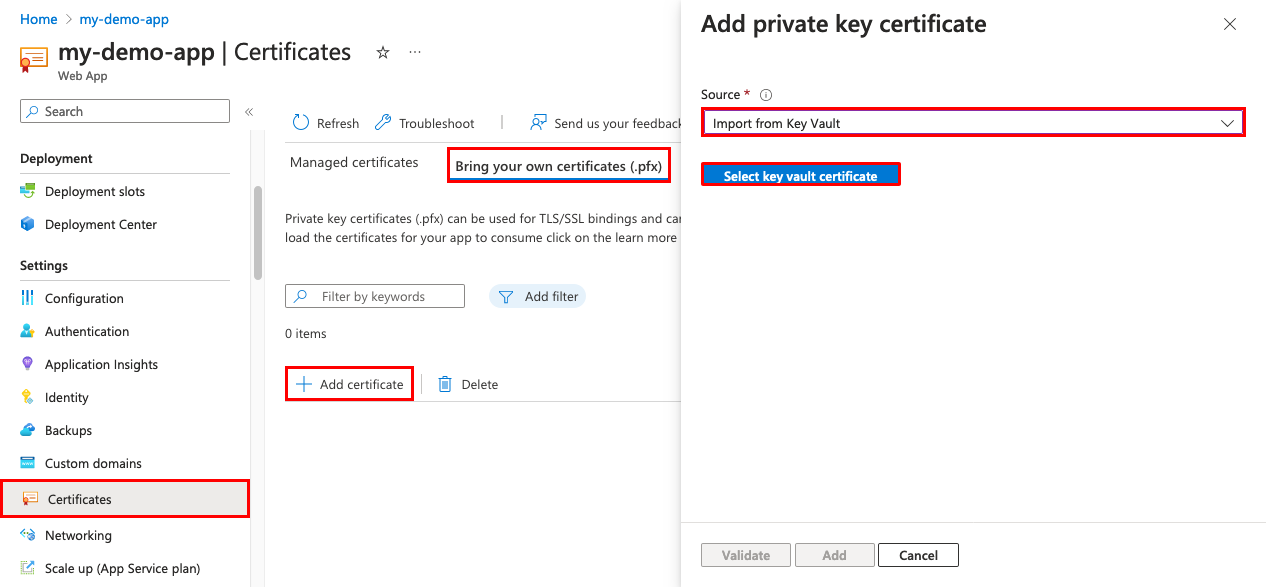 Captura de ecrã da página de gestão de aplicações com 'Certificados', 'Traga os seus próprios certificados (.pfx)' e 'Importar do Cofre de Chaves' selecionados
