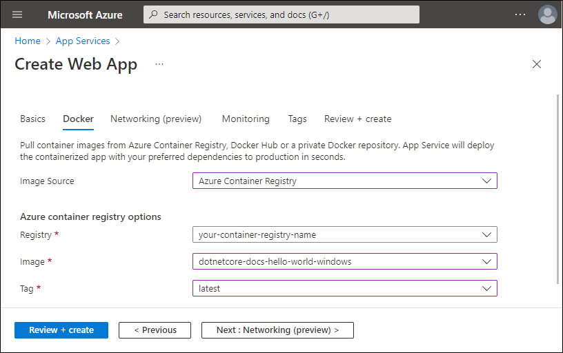 Captura de ecrã a mostrar as opções do Registo de Contentor do Azure.