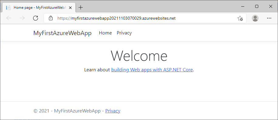 Screenshot do Visual Studio - ASP.NET Core aplicação web 6.0 em Azure.