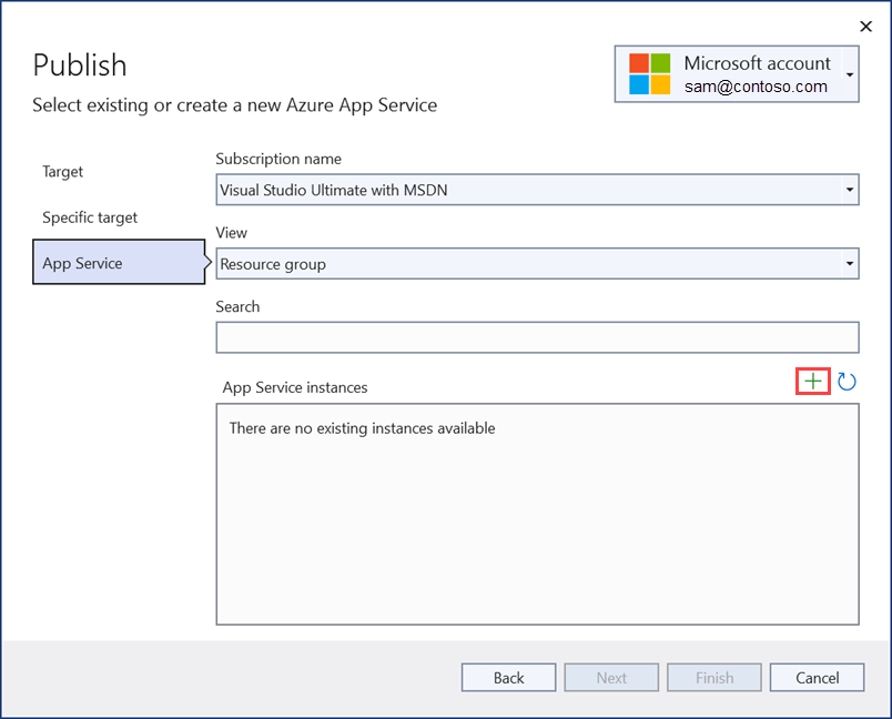 Screenshot do Visual Studio - New Serviço de Aplicações diálogo de aplicações.