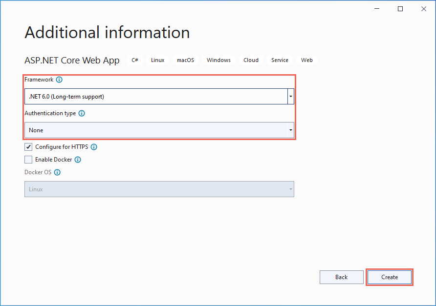 Screenshot do Visual Studio - Informações adicionais ao selecionar .NET 6.0.