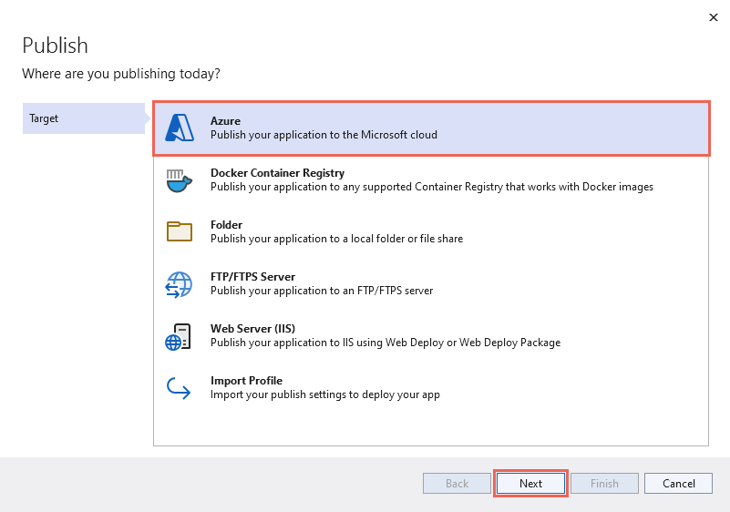 Screenshot of Visual Studio - Publique a aplicação web e o alvo Azure.