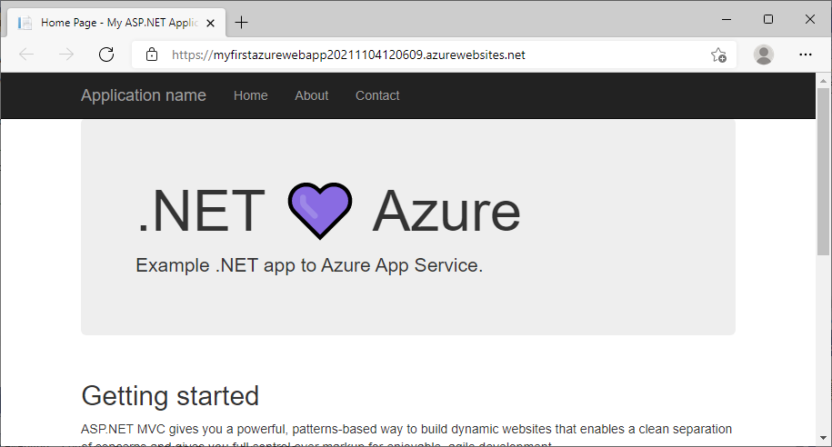 Screenshot do Visual Studio - Atualizado ASP.NET aplicação web Framework 4.8 em Azure.