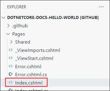 Screenshot da janela Explorer do Visual Studio Code no navegador, destacando o Index.cshtml no repo dotnetcore-docs-hello-world.