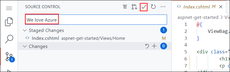 Screenshot do Código do Estúdio Visual no navegador, painel Source Control com uma mensagem comprometedora de 'We love Azure' e o botão Cometer e Pressão realçado.