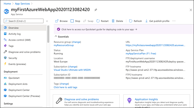 Screenshot da página geral do portal do Azure - Serviço de Aplicações.