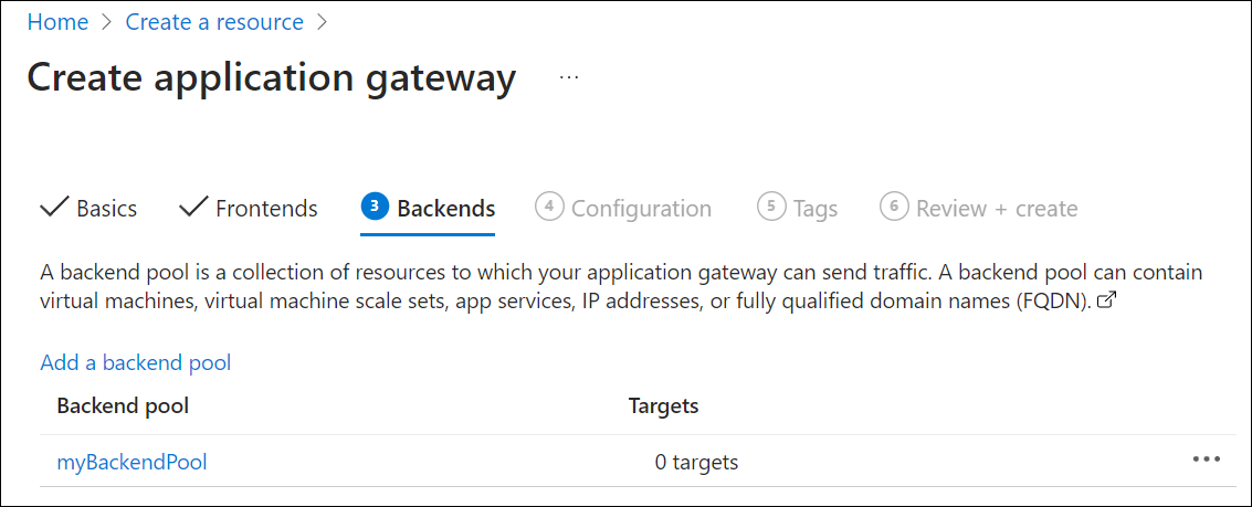 Criar novo gateway de aplicação: back-ends