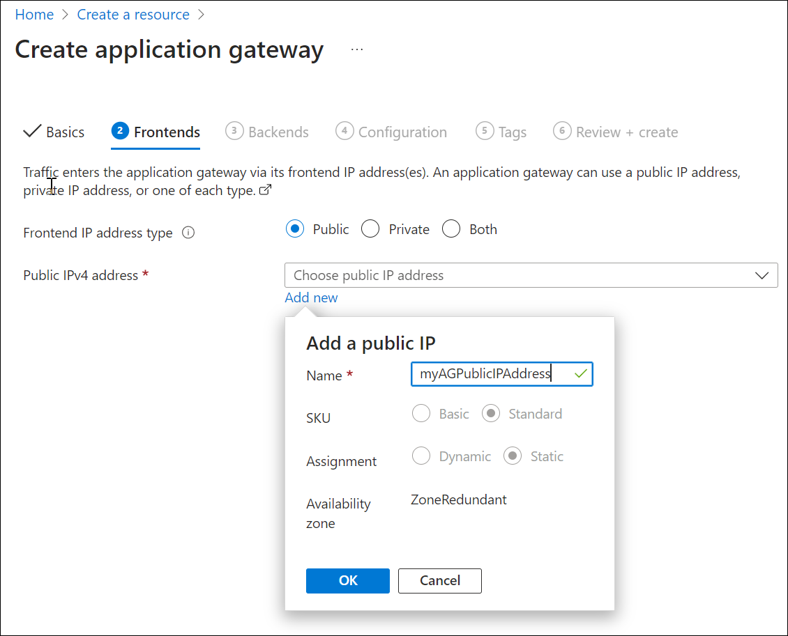 Screenshot of create new application gateway: frontends.