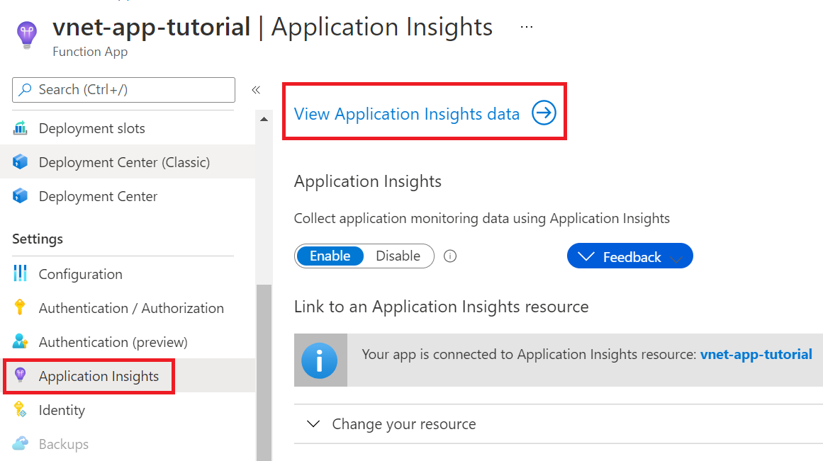 Captura de ecrã a mostrar como ver o Application Insights para uma aplicação de funções.