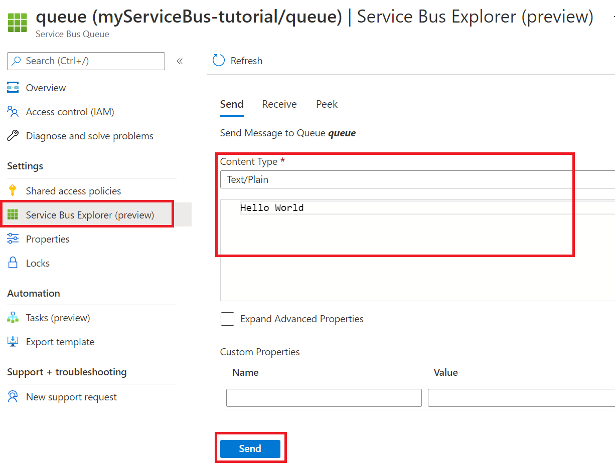 Captura de ecrã a mostrar como enviar mensagens do Service Bus com o portal.