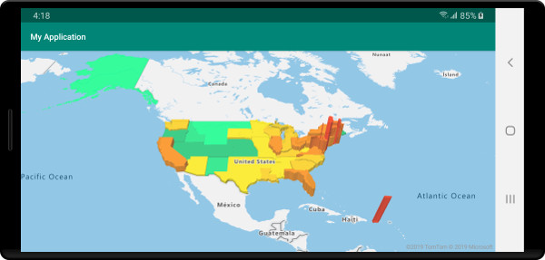Um mapa coroplético de estados dos EUA coloridos e esticados verticalmente como polígonos extrudidos com base na densidade populacional