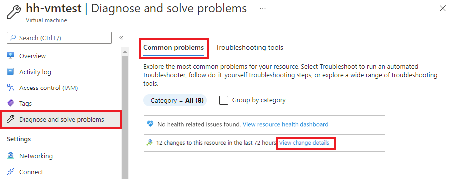 Captura de ecrã da visualização de problemas comuns na ferramenta Diagnosticar e Resolver Problemas.