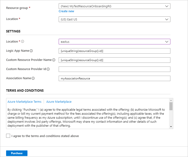 Captura de ecrã do portal do Azure a apresentar os campos de entrada dos parâmetros do modelo para a implementação do fornecedor de recursos personalizado.