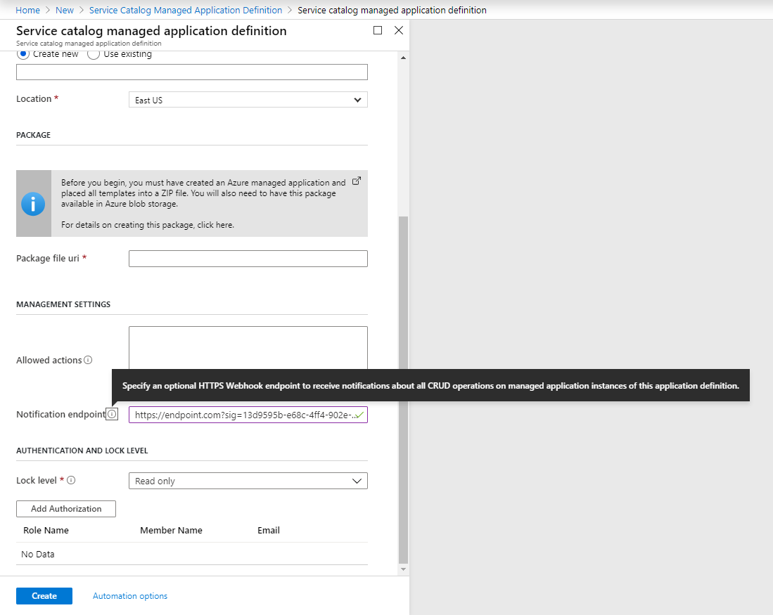 Captura de ecrã do portal do Azure que mostra uma definição de aplicação gerida do catálogo de serviços e o ponto final de notificação.