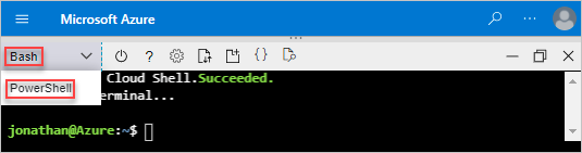Captura de ecrã da opção para selecionar Bash ou PowerShell no Cloud Shell.