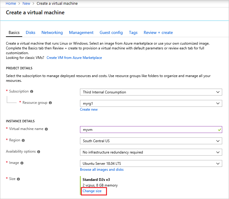 Captura de ecrã a mostrar portal do Azure interface de implementação a apresentar opções para selecionar um tamanho de máquina virtual num menu pendente.