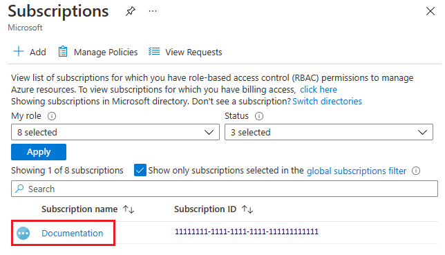 Captura de ecrã a mostrar a lista portal do Azure subscrições, realçando uma ligação de subscrição específica.