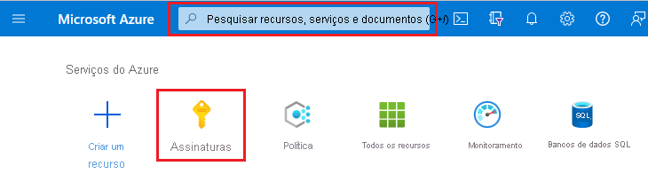 Captura de ecrã do portal do Azure com a caixa de pesquisa e Subscrições realçadas.