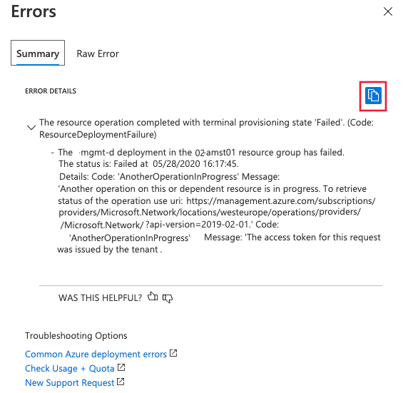 Screenshot that shows error details on the Summary tab of the Errors pane, with the copy icon selected.