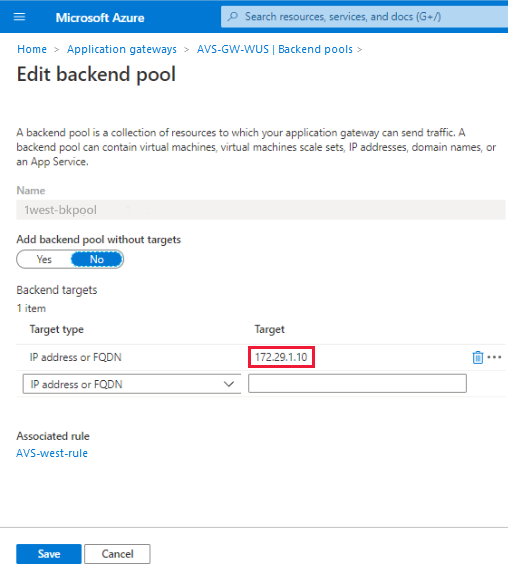 Captura de tela da página Editar pool de back-end com o endereço IP de destino realçado.