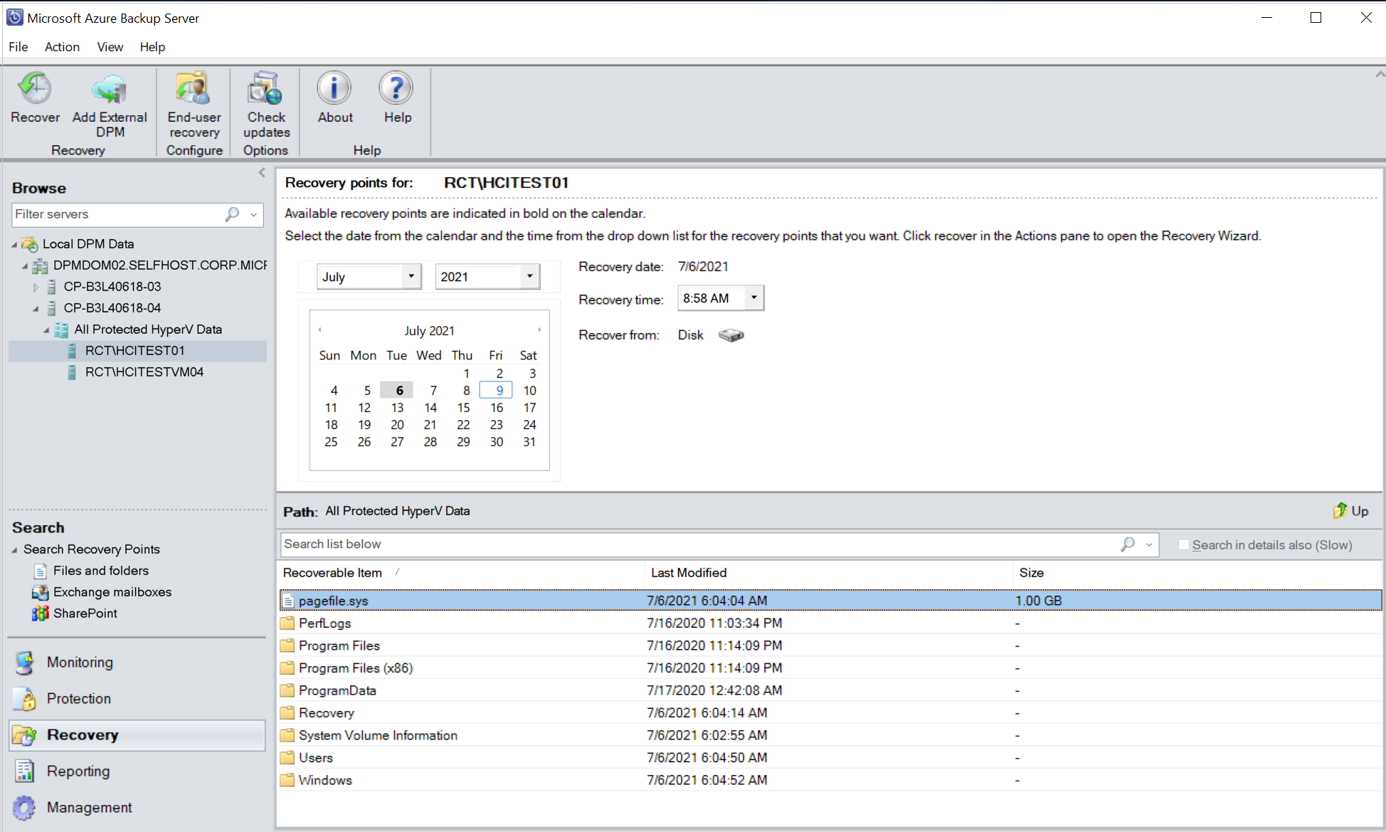 A captura de tela mostra como revisar a Seleção de Recuperação na VM Hyper-v.