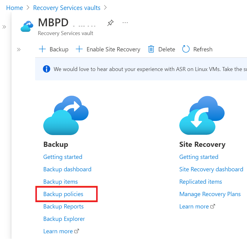 Captura de tela mostrando para escolher a opção de políticas de backup.