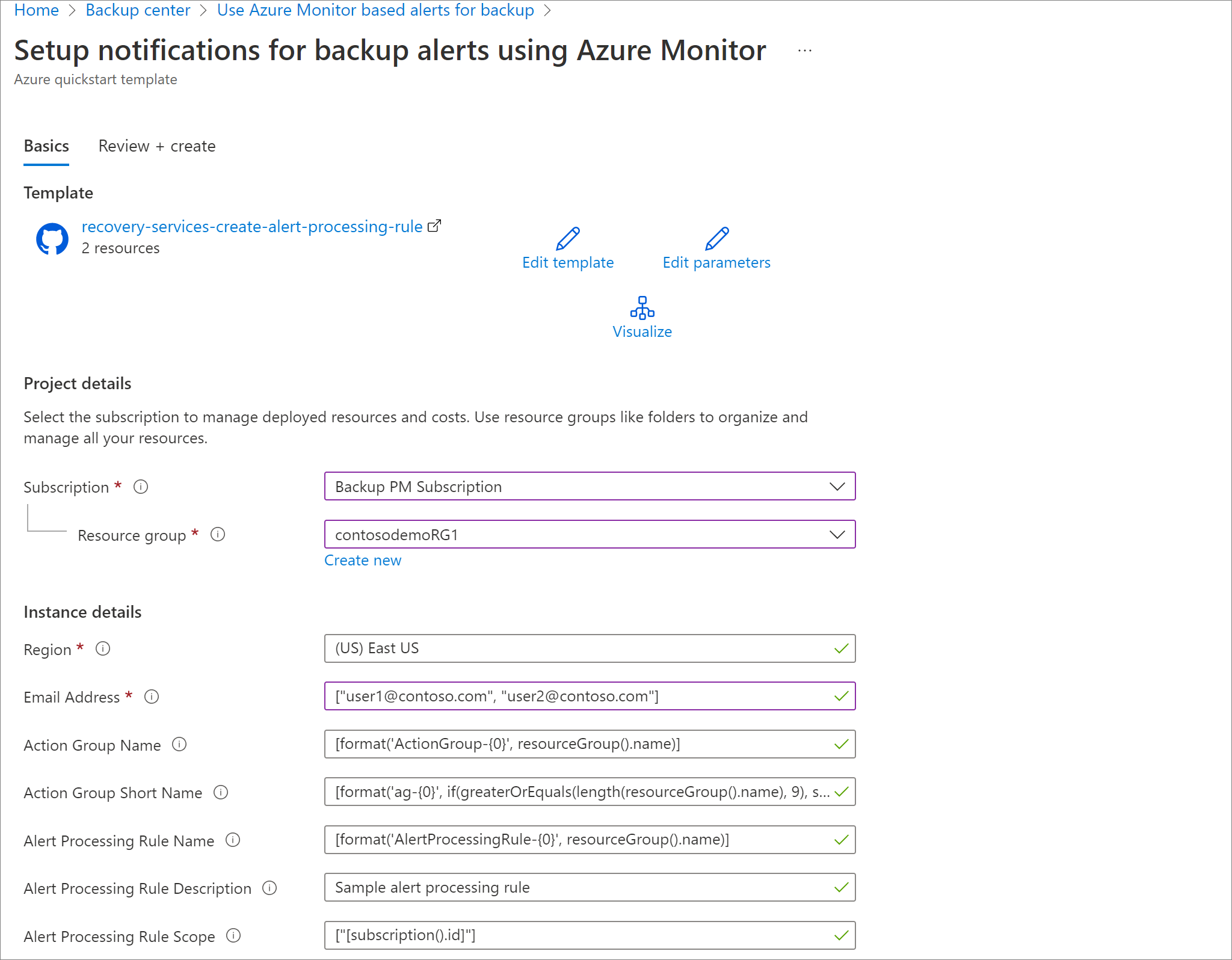 Captura de tela mostrando parâmetros de modelo para configurar regras de notificação para alertas do Azure Monitor.