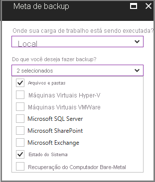 Captura de ecrã a mostrar o menu Objetivo de Cópia de Segurança.