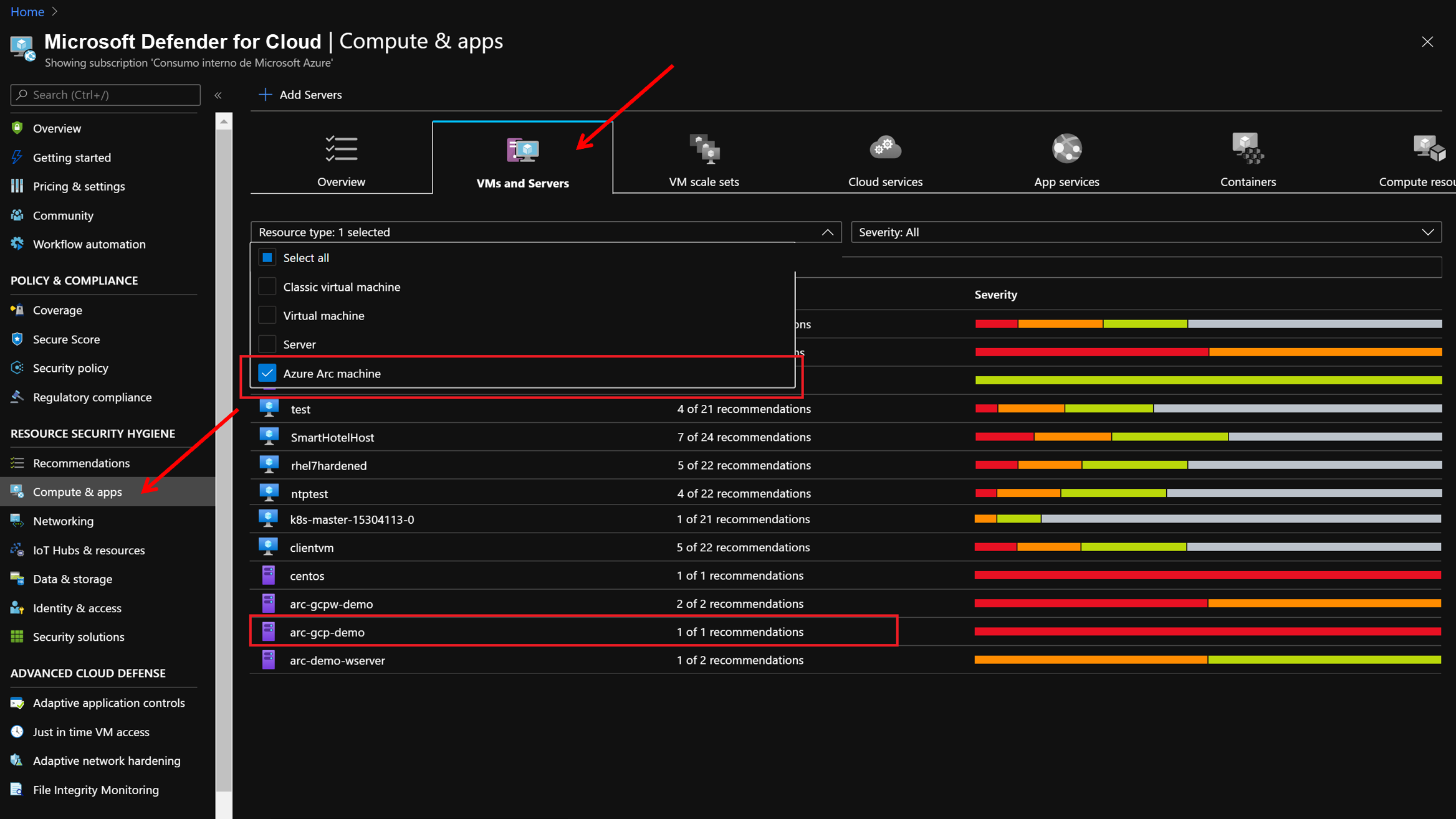 A screenshot of Compute & Apps in Microsoft Defender for Cloud.