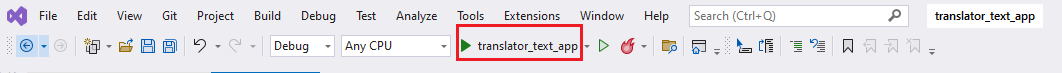 Captura de ecrã a mostrar o botão executar programa no Visual Studio.