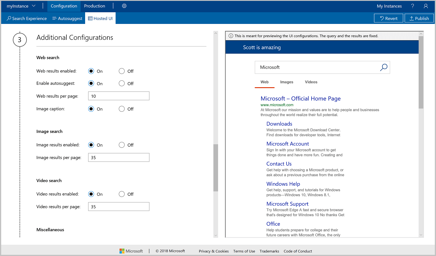 Captura de ecrã do passo de configurações adicionais da IU Alojada