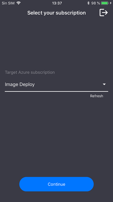 The app screen, showing a drop-down field for Target Azure subscription