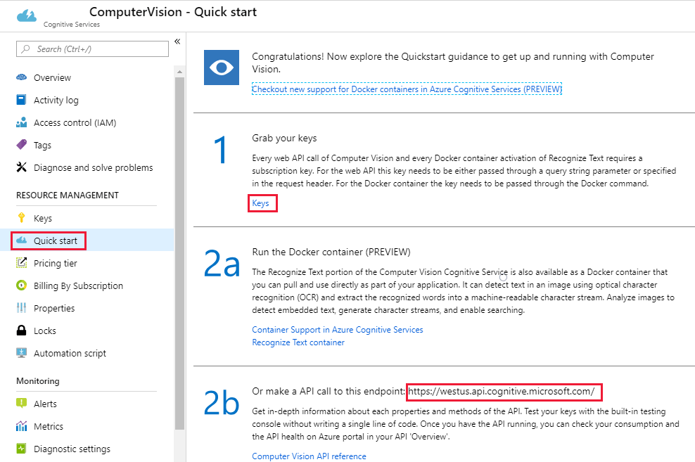 The Computer Vision service in the Azure portal, with the Quickstart menu selected. A link for keys is outlined, as is the API endpoint URL