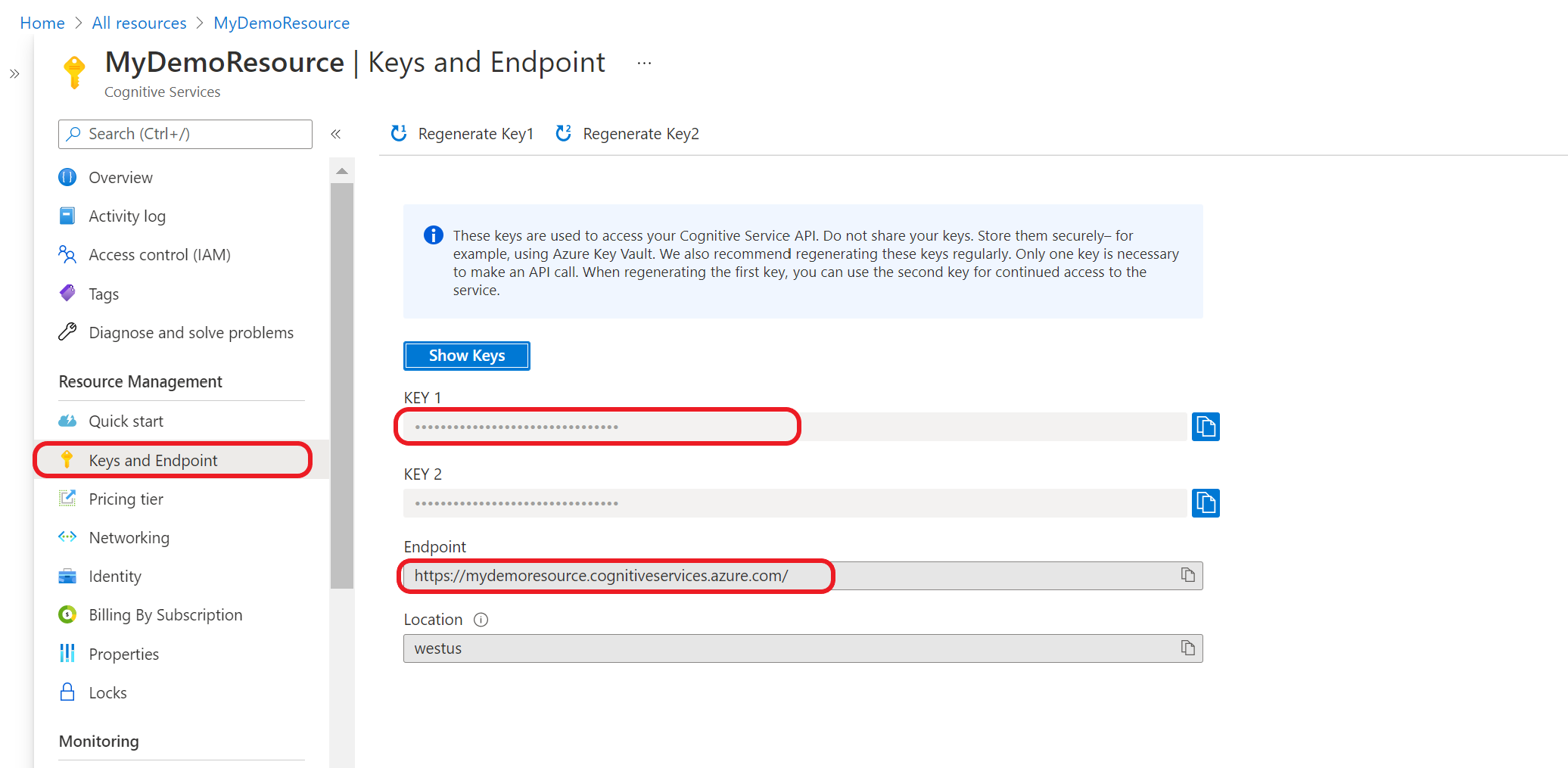 A screenshot showing the key and endpoint page in the Azure portal.