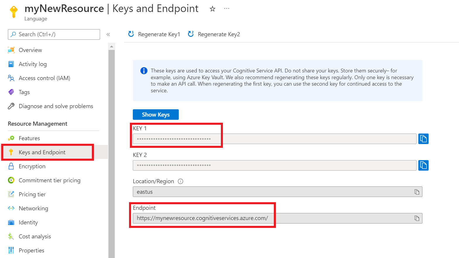 A screenshot showing the key and endpoint page in the Azure portal