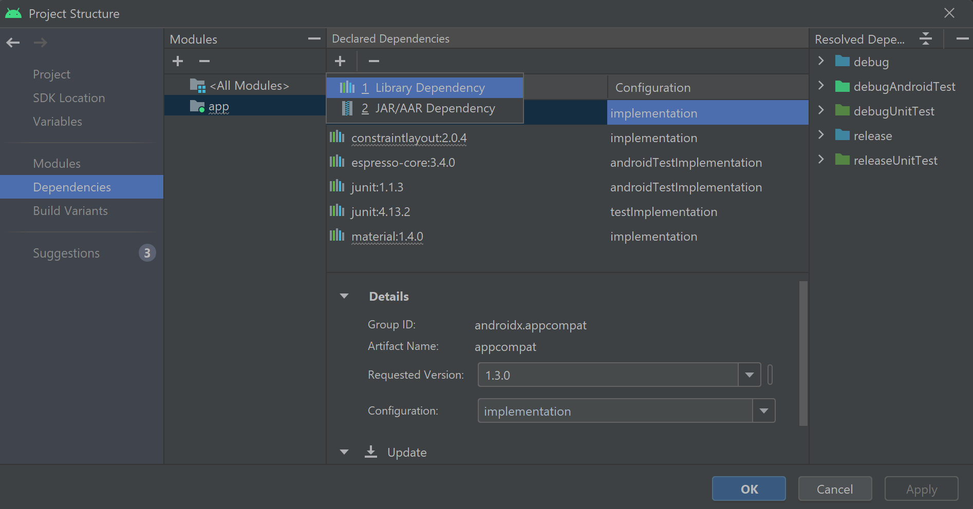 Captura de tela que mostra como adicionar uma dependência de biblioteca no Android Studio.