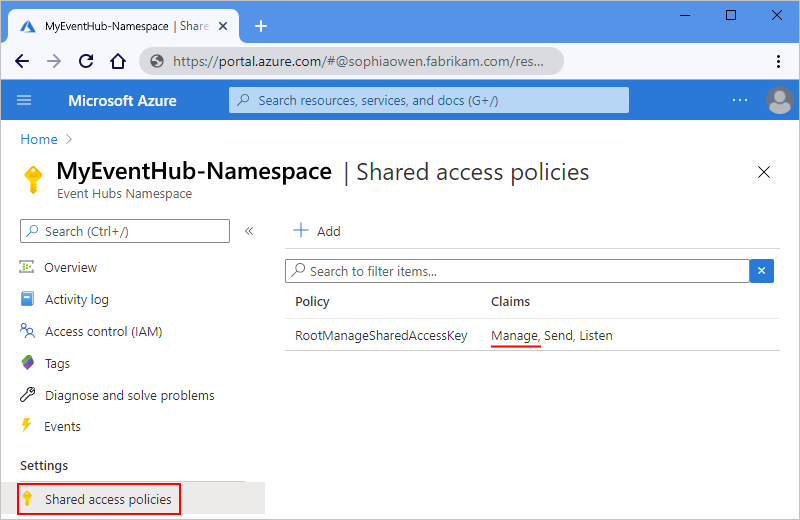 Screenshot showing the Azure portal, your Event Hubs namespace, and 