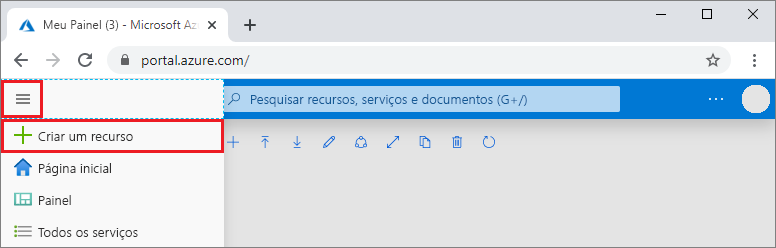 Captura de ecrã a mostrar a criação de um recurso no portal do Azure.