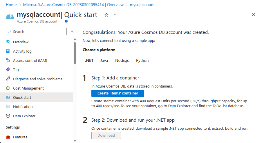 The Azure Cosmos DB account page