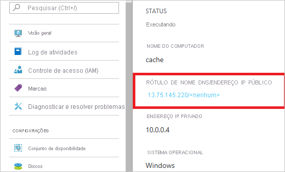 Captura de ecrã a mostrar um endereço IP público para uma máquina virtual apresentado no portal do Azure