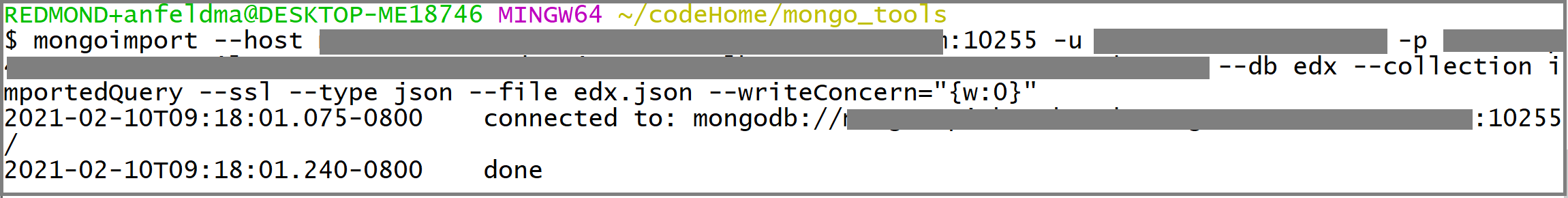 Captura de ecrã da chamada mongoimport.