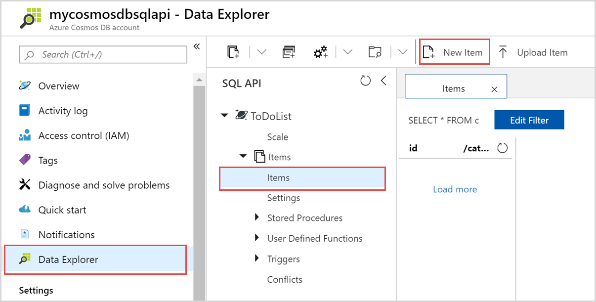 Create new documents in Data Explorer in the Azure portal