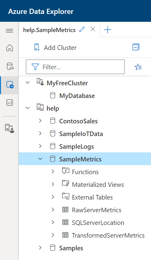 Captura de ecrã a mostrar o painel de ligação do cluster do Azure Data Explorer U I a mostrar bases de dados de exemplo e tabelas num diagrama de árvore.