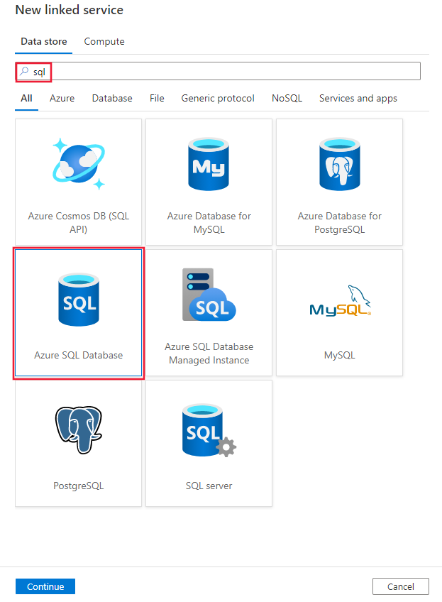Selecione Conector do Banco de Dados SQL do Azure.