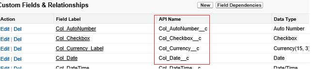 Lista de nomes da API de conexão do Salesforce