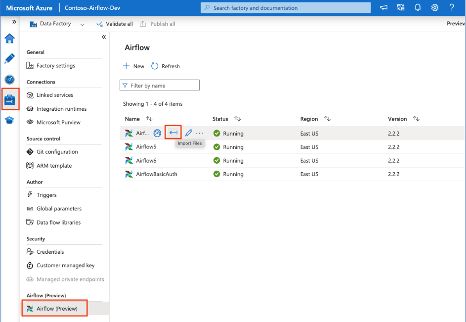 A captura de tela mostra a importação de arquivos no hub de gerenciamento.